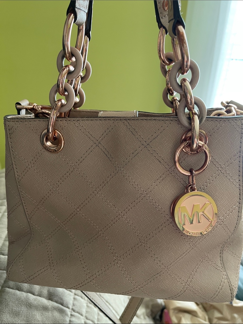 Michael Kors Cynthia Satchel in Nude Blush with Rose Gold Accents